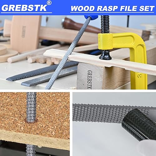 Miniatura 5 de GREBSTK Juego de limas de madera de 12 pulgadas con agarre de goma, raspador de corte de madera, juego de 3 piezas, redondo, medio redondo, raspa