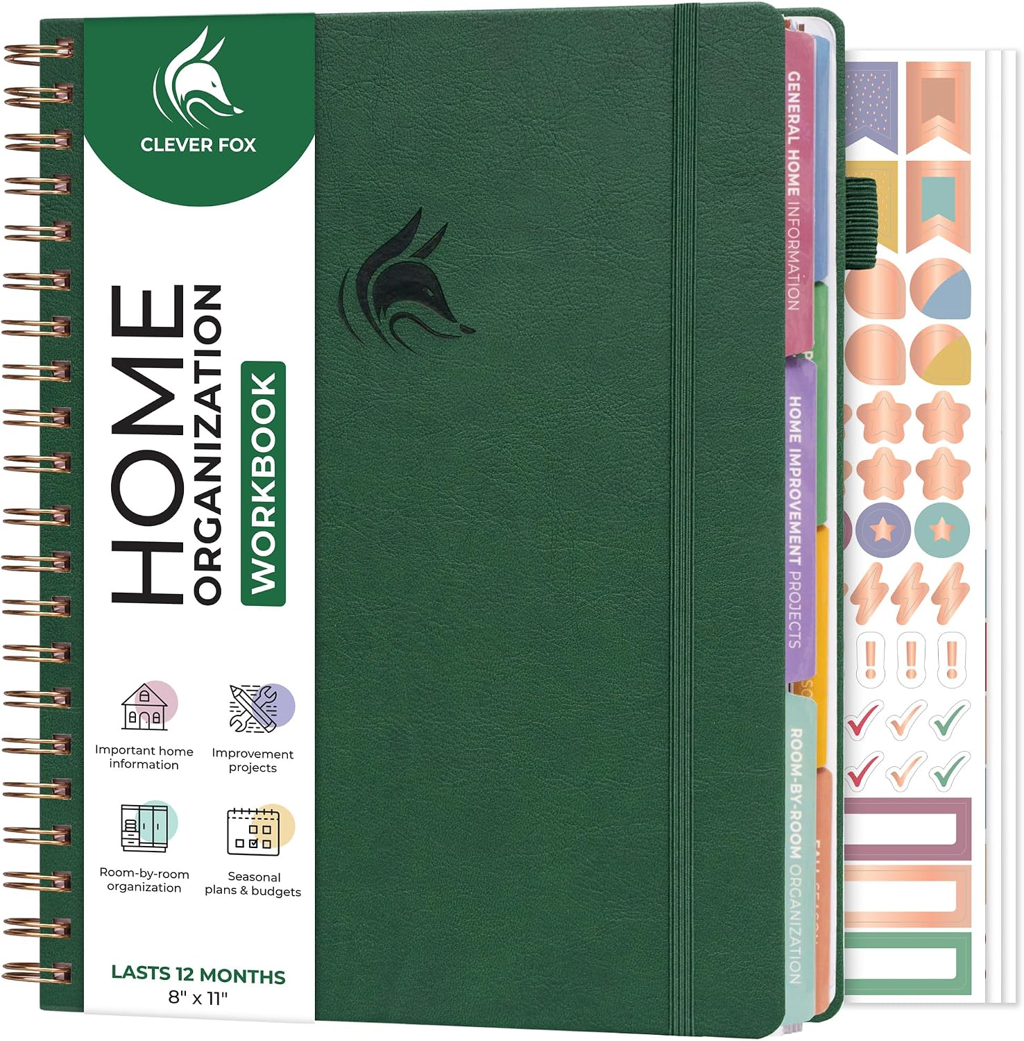 Clever Fox Home Organization, Maintenance & Cleaning Planner, Forest Green
