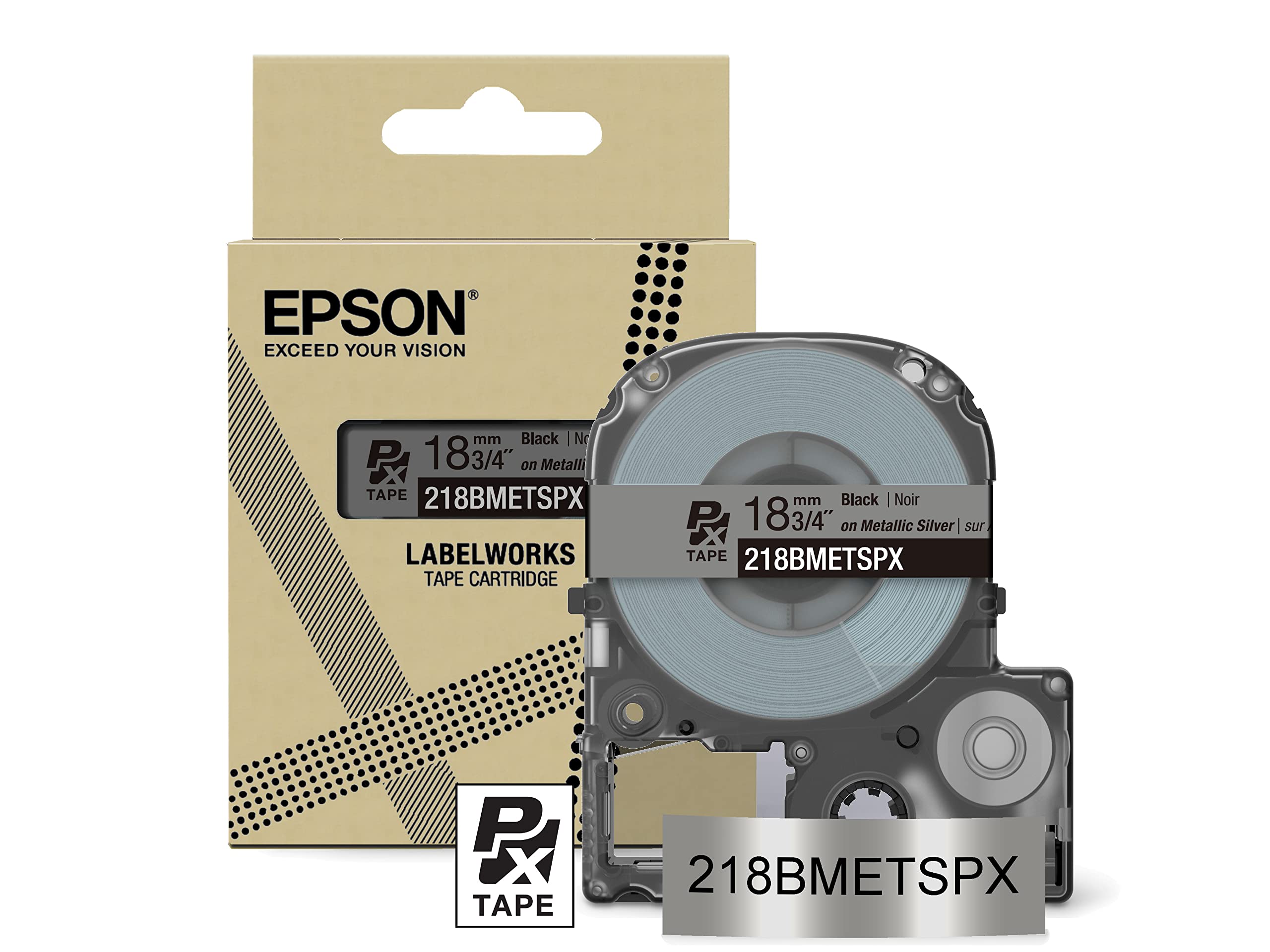 Epson LABELWORKS 218BMETSPX Genuine PET (Polyester) Tape Cartridge - Black on Metallic Silver Designer Craft Label Maker Tape - 3/4" (18MM) Wide, 30'