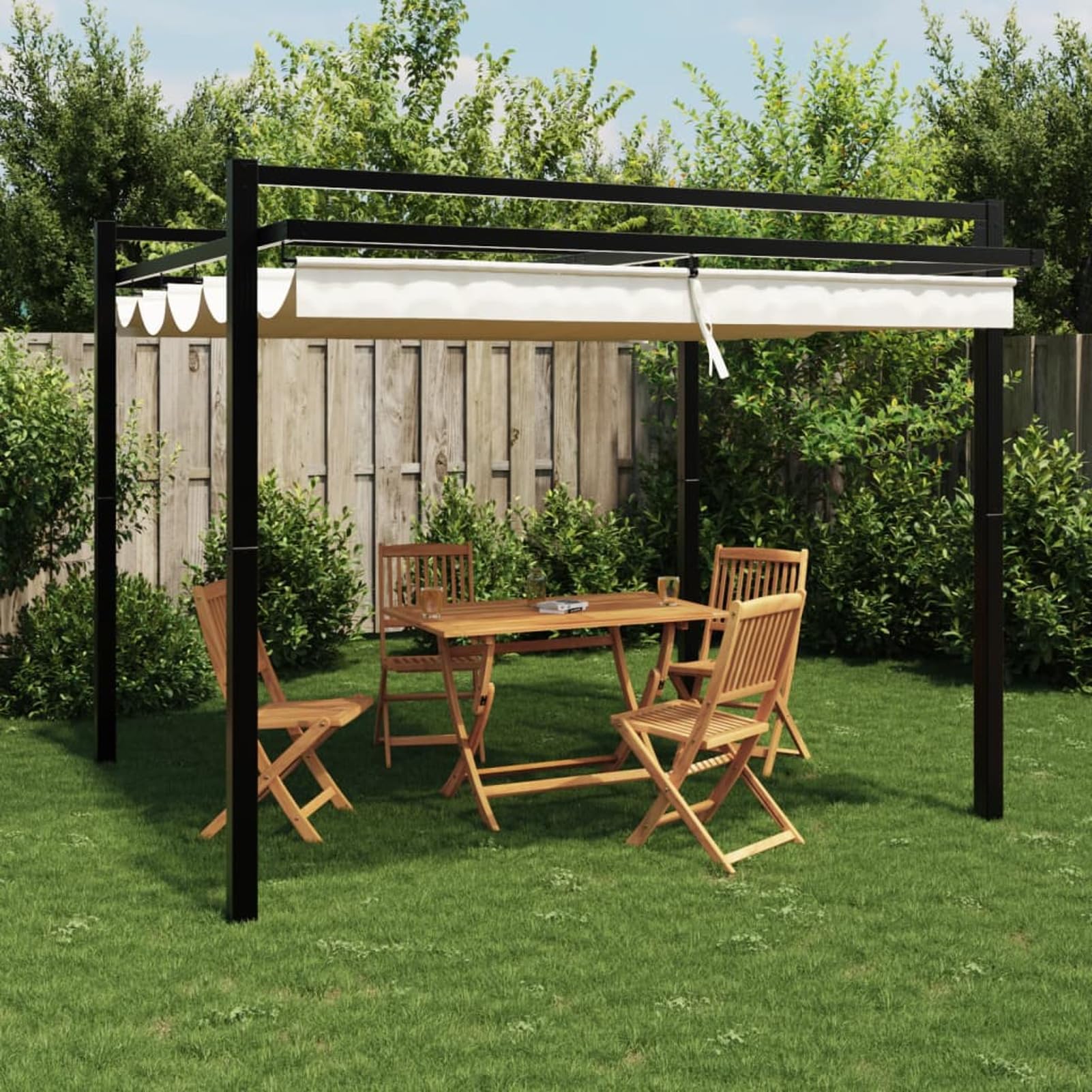 IKAYAA Pérgola de Jardín con Techo Retráctil, Pérgola de Aluminio 3x3 m, Cenador para Jardín, Poliéster Resistente al Agua y a UV para Patio Terraza Exterior Crema