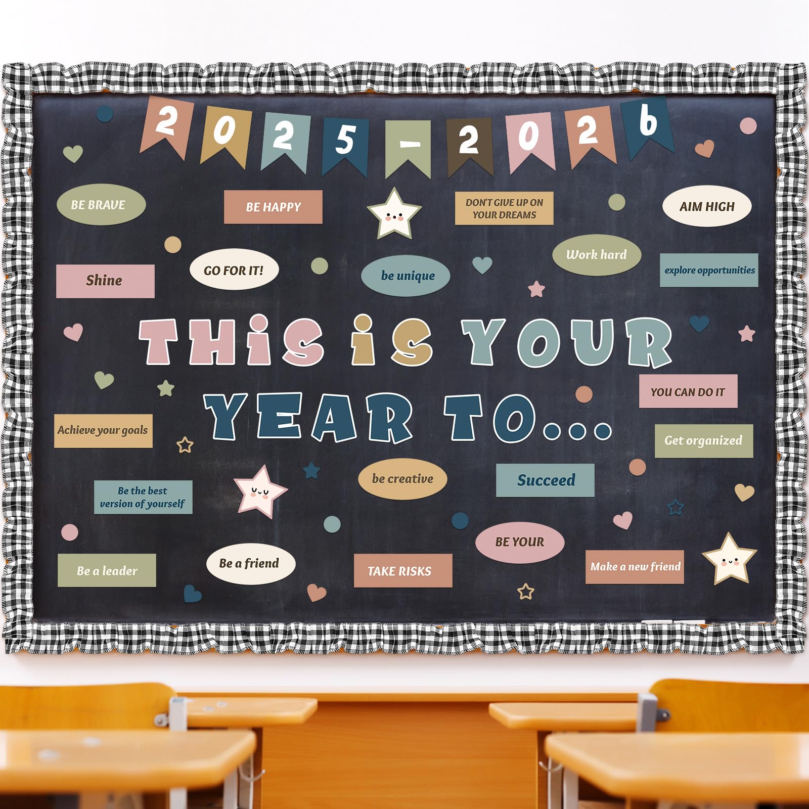 Feifeiya 81 Pcs Boho Welcome Back to School Bulletin Board This is Your Year to Bulletin Board Inspirational Cutouts with White Black Burlap Border for 2025 School Classroom Bulletin Board Wall Decor