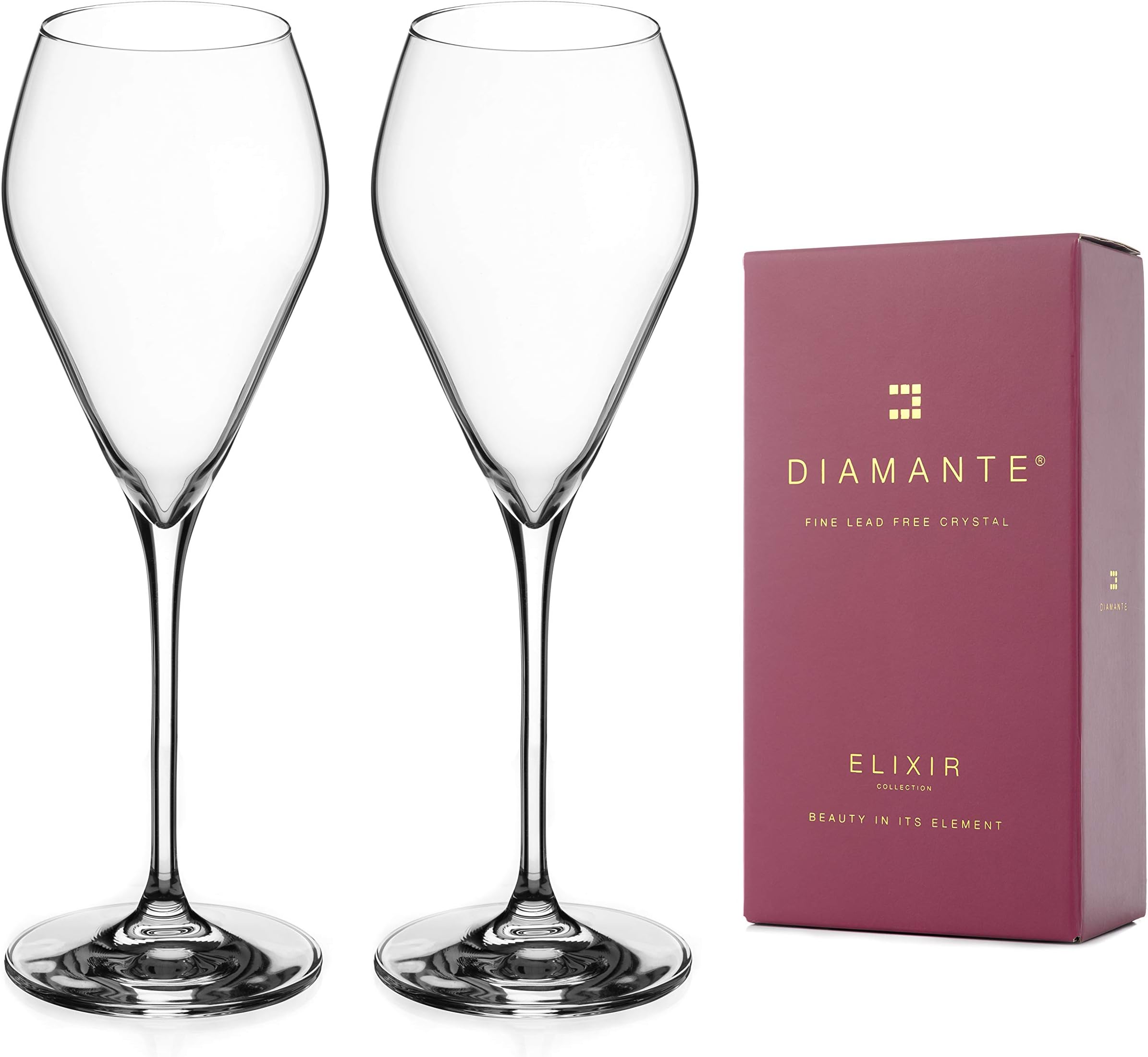 DIAMANTE Prosecco Champagne Flute Glasses - Premium Lead Free Crystal - Set of 2 in Gift Box