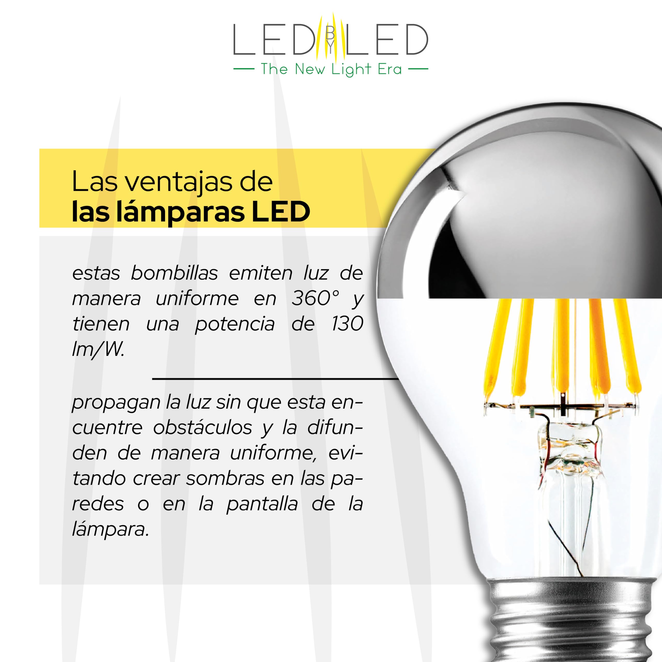 Bombilla Gota Espejo 8W Equivalente a 80W, E27, Cristal Espejo-Transparente Silver Top, 2700K Luz Cálida, filamento LED recto, 1040 Lúmenes, Pack de 10 unidades