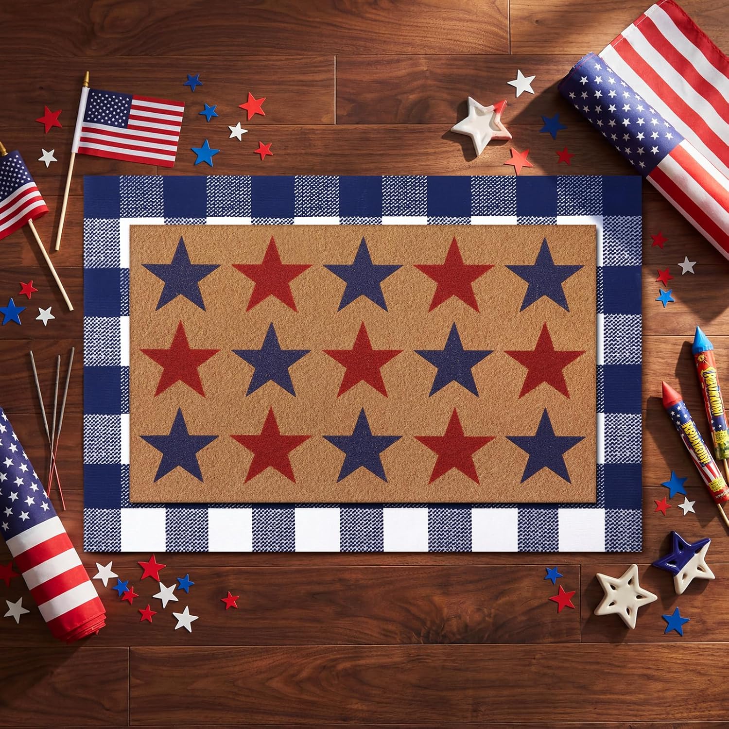 Duraaamo 2 Pcs Independence Day Door Mat Welcome Patriotic Doormat Happy 4th of July Rug Non Slip National Day Outdoor Mat Floor Mats Welcome Coir Doormats for Porch Entryway Decor