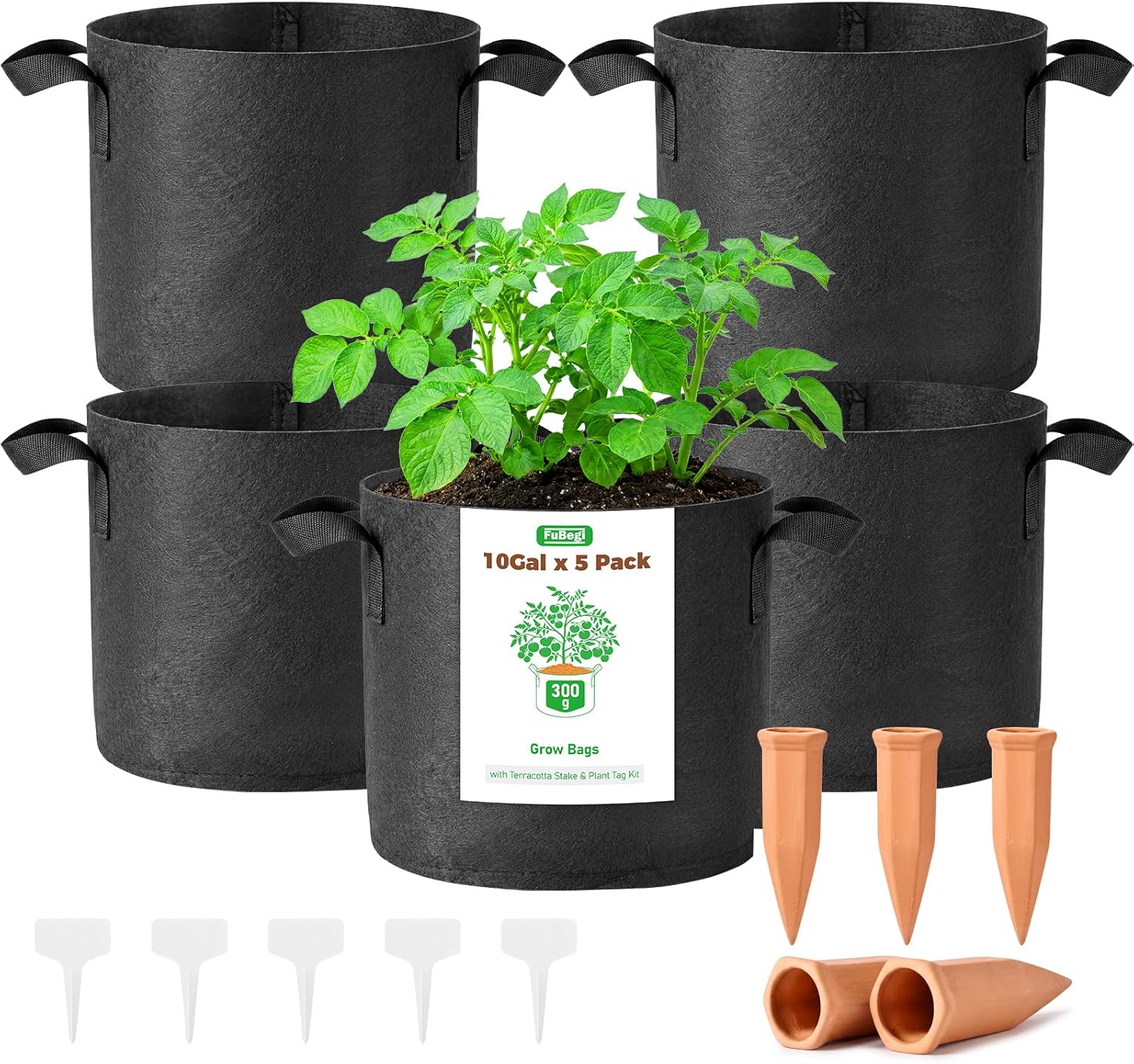 5-Pack 10 Gallon Grow Bags for Potato Tomatoes Vegetables, 5 Pack Terracotta Plant Self-Watering Stake Spike for Outdoor Indoor Plants, 300g Heavy Duty Thickened Nonwoven Fabric Cloth Pot Planting Bag
