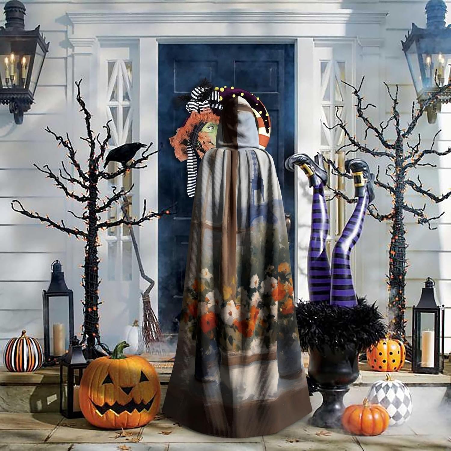 Unisex Full Length Hooded Halloween Christmas Party Robe Cloak Cape Cosplay Costume Men Women Beautiful Vase Prints Black