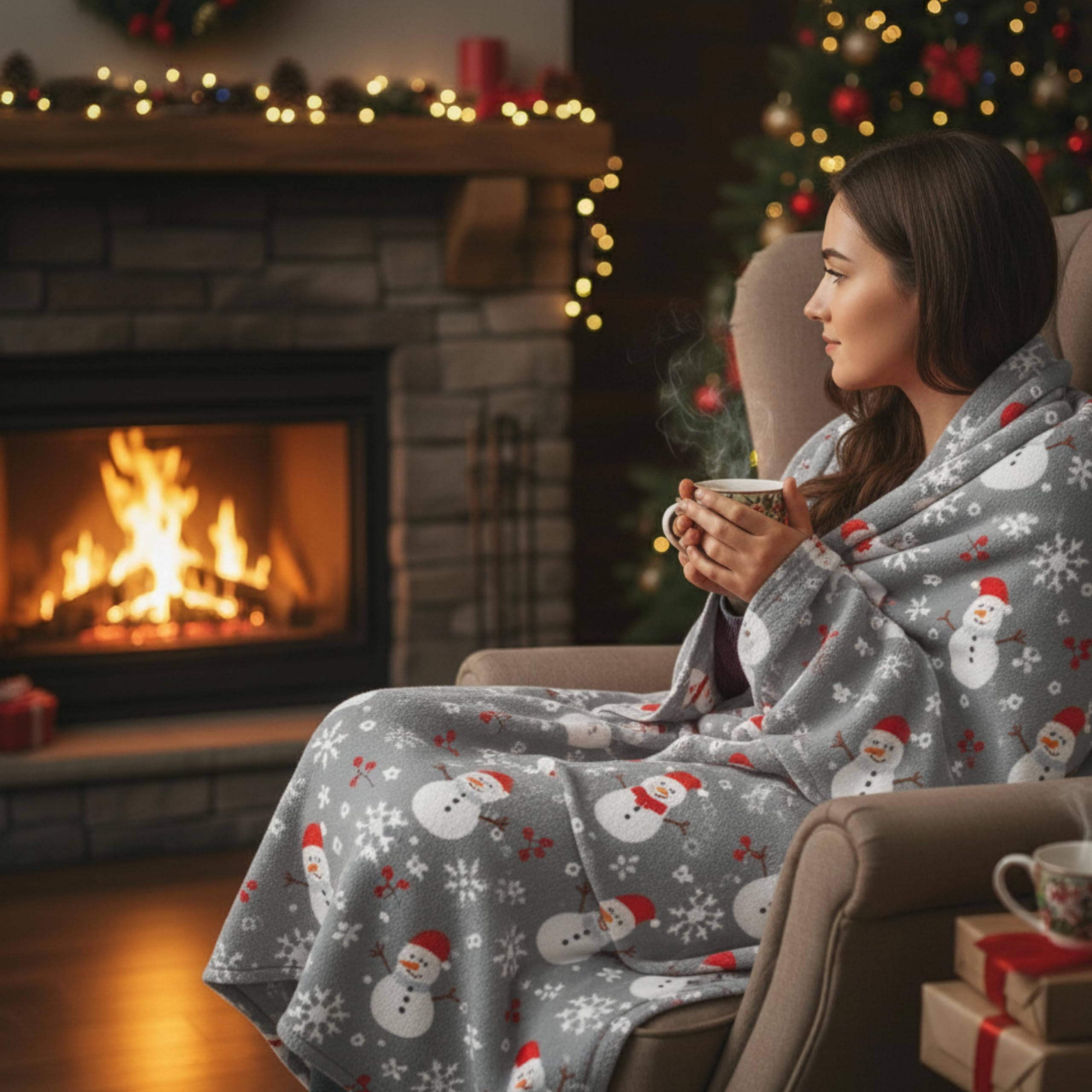 Manta Polar Navideña Mountain - 148x119 Cm, Estampado Renos, Antipilling, Suave Y Cálida Para Sofá, Cama O Viajes