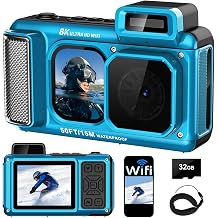 8K Underwater Camera, 90MP 50FT WiFi Waterproof Camera with 32GB Card, Autofocus Rugged Shockproof Dustproof Touchscreen Dual-Screen Selfie, 1800mAh Battery 18X Floatable Digital for Snorkeling Diving