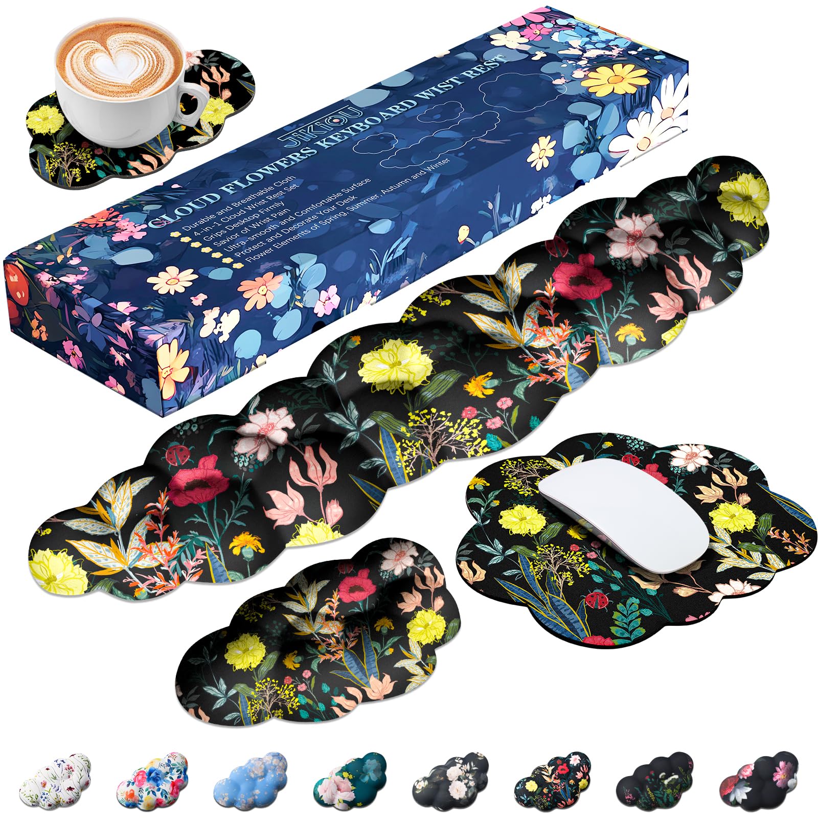 JIKIOU Ensemble de repose-poignet en tissu Lycra imperméable pour clavier avec motif de fleurs et nuage - Accoudoir mignon pour paume - Accessoires de bureau pour jeux sur PC, ordinateur de bureau