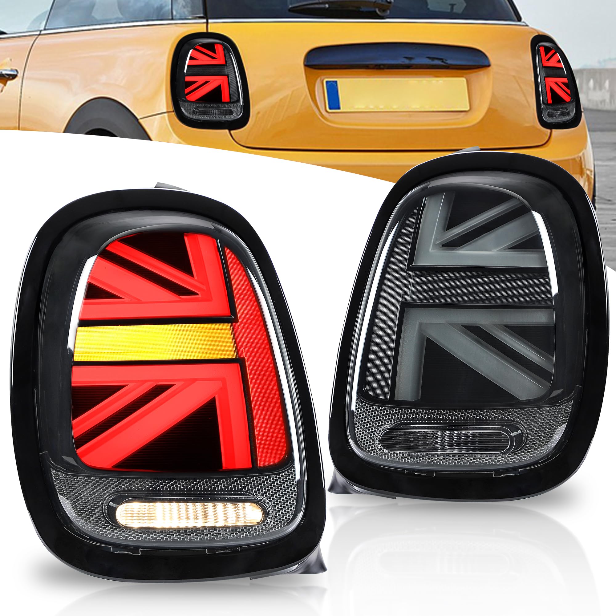 VLAND Rückleuchten Kompatibel für Mini Cooper F55 F56 F57 2014-2020, Mit E-Prüfzeichen,1 Satz (Schwarz/Schwarzer Zierring)