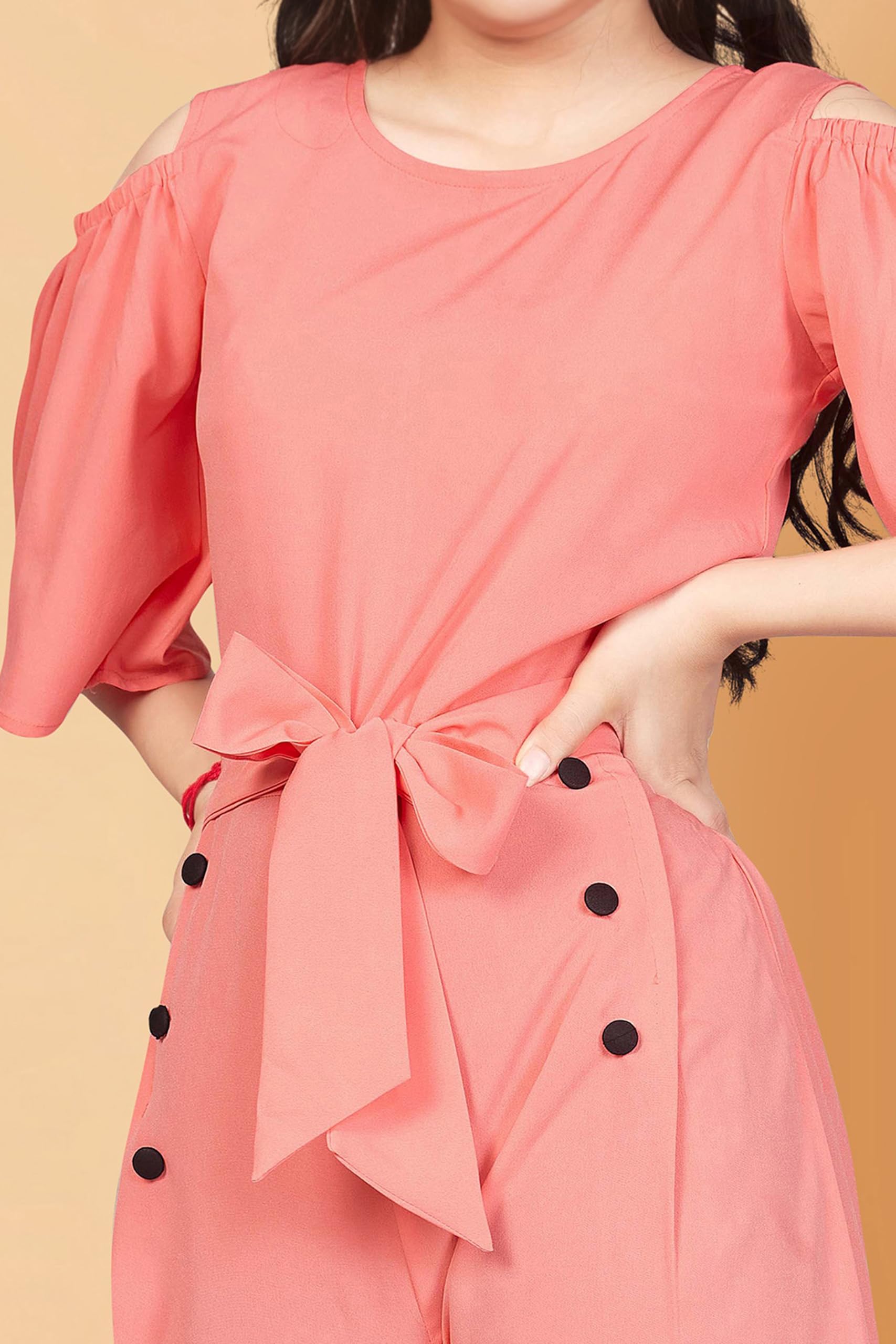 Fashion Dream Girls Cold Shoulder Flutter Sleeve Double Breasted Jumpsuit(7-8 Years) Peach 2