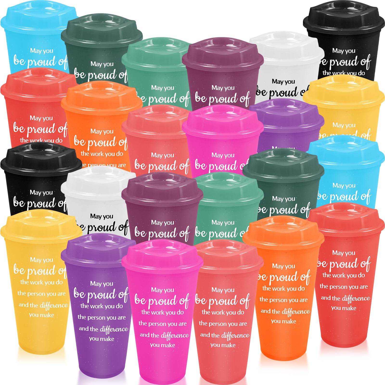 Lot de 24 gobelets à café en plastique avec couvercles colorés réutilisables pour la fête des pères – 473 ml – Gobelets inspirants pour enseignants, collègues, employés – Cadeaux de Noël