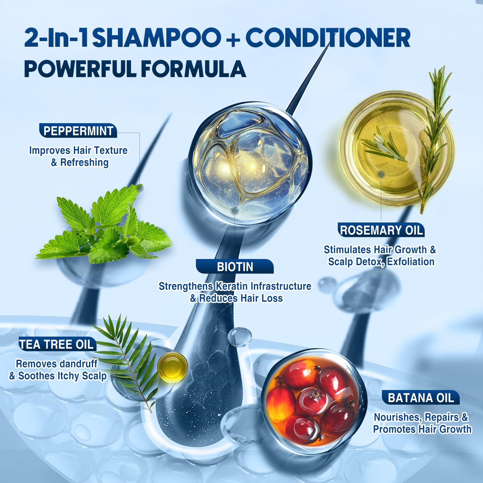 Biotin Hair Growth Shampoo for Men, 2-in-1 Mens Thickening Shampoo & Conditioner for Thinning Hair and Hair Loss, Infused Rosemary Tea Tree Oil Batana Oil & Mint, Sulfate Free, 10.15 fl.oz