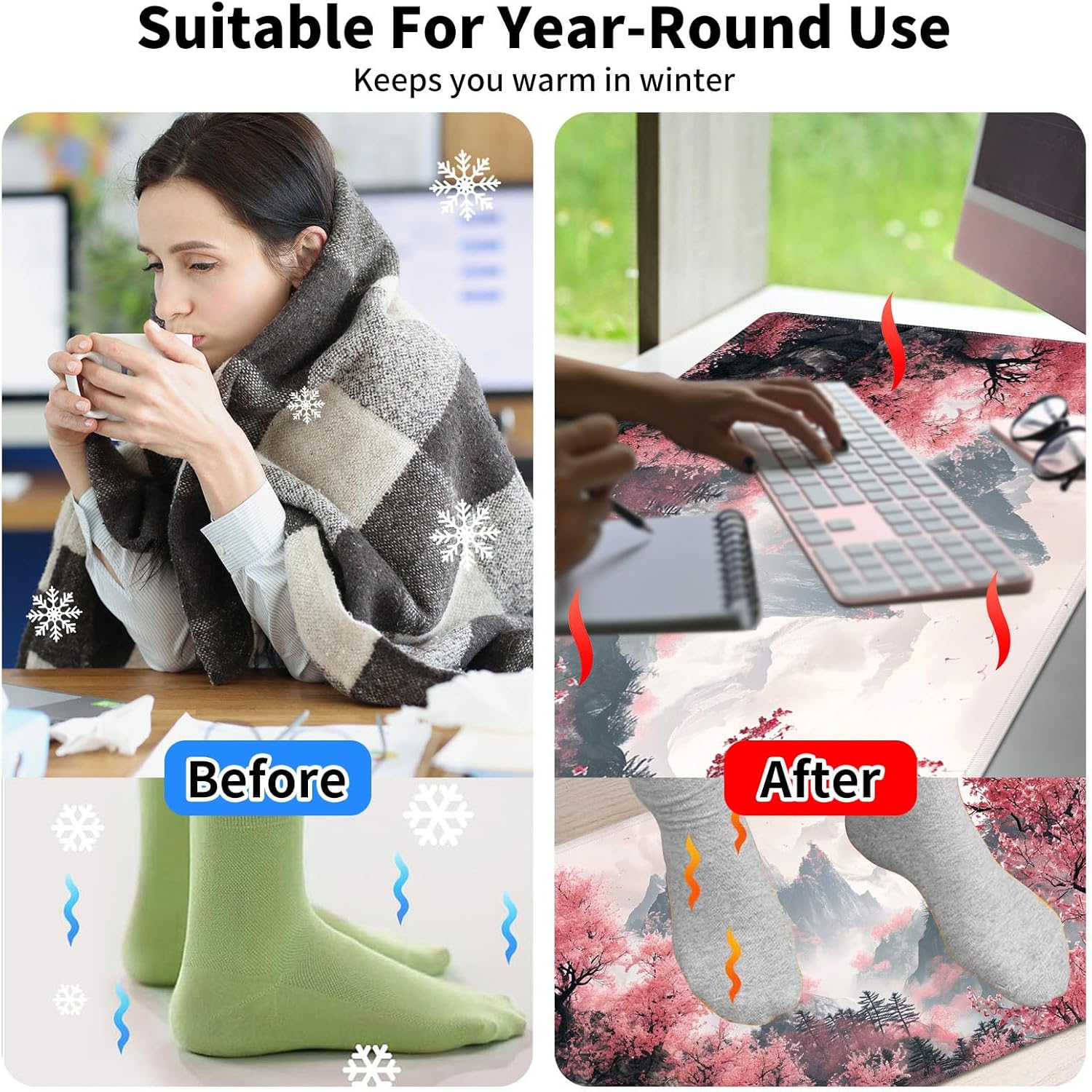 Warm Desk Pad,Heated Desk Pad,Office Mat,3 Heating Levels & 3 Hours Auto Shut-Off,31.5"*13" Gaming Mouse Laptop Keyboard Leather Desk Mat,Watercolor Tree Mountain