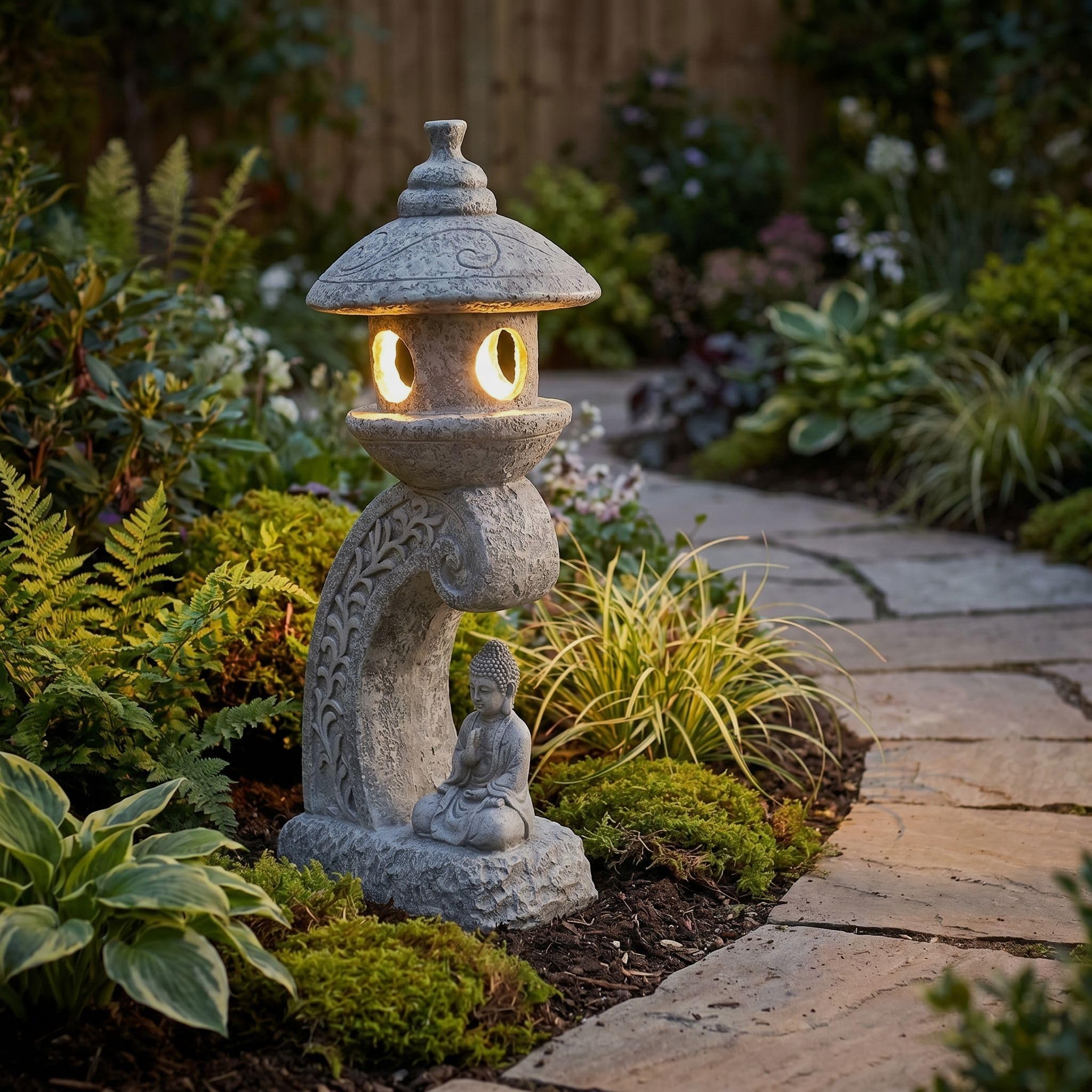 Arnusa Lampe solaire de jardin pagode 60 cm - Lampe de jardin LED aspect pierre avec Bouddha - Blanc chaud - Lanterne solaire pour jardin, terrasse et étang