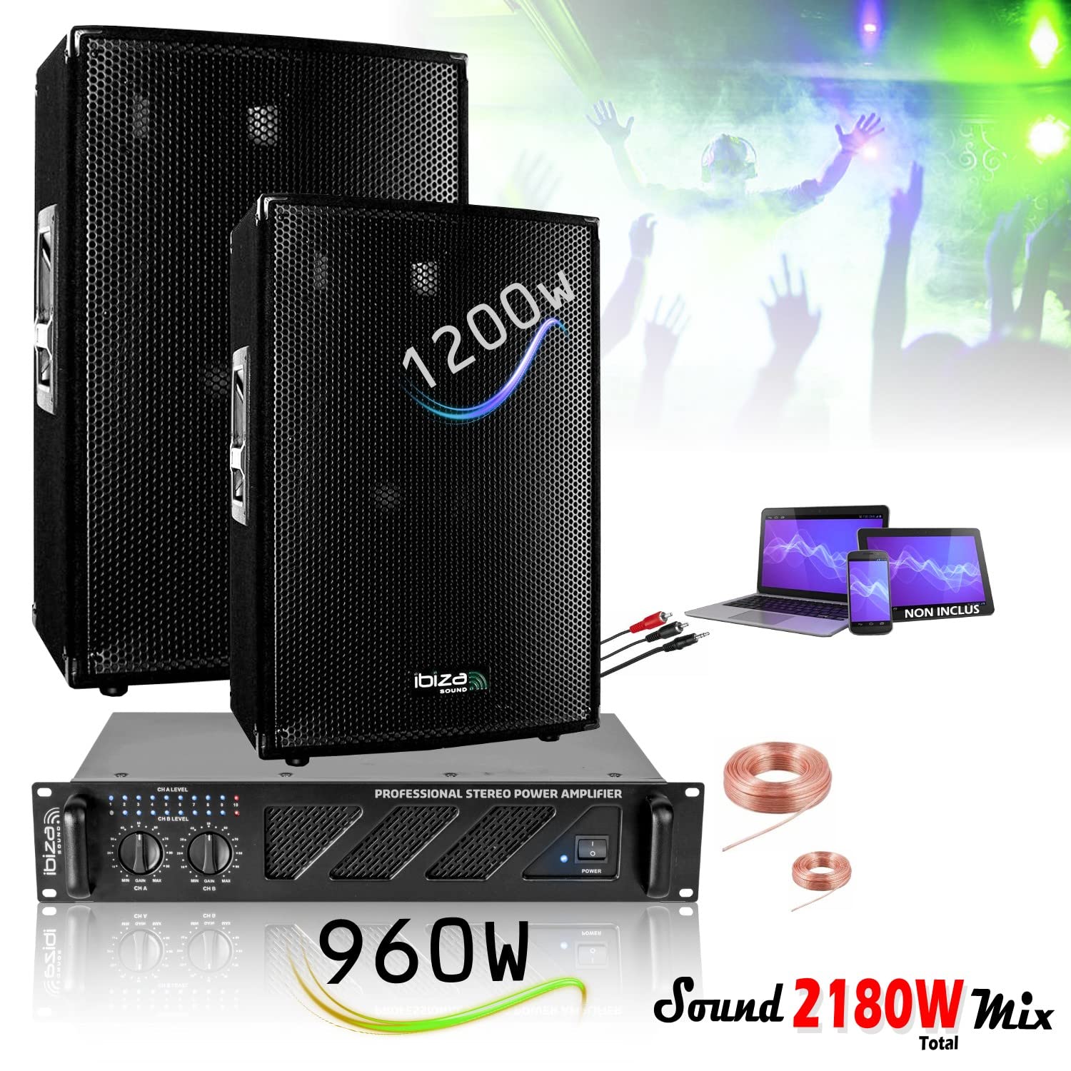IBIZA Sound Light - Pack Sono 2160W Total Ibiza Sound 2 Enceintes 3 Voies 2x600w - Ampli Ventilé 2x480w - Câblage - Idéal Salle des fêtes Club Mariage