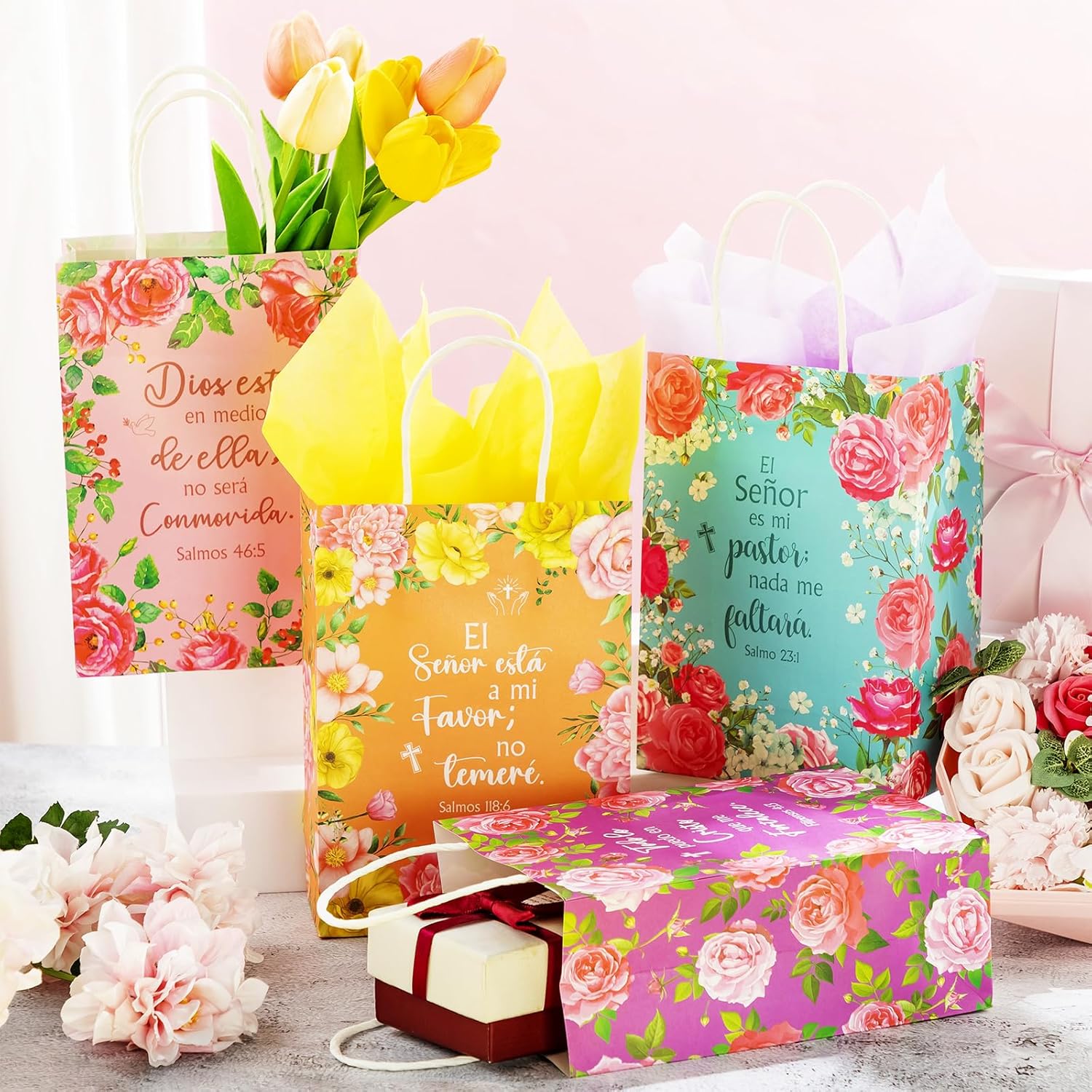 Kolldenn 24 Pcs Spanish Christian Gift Bags for Women Bulk Spanish Inspirational Gift Bags with Tissue Paper Bolsas De Regalo Pequeñas for Mom Grandma Wife Mother's Day Present Wrapping Supplies - Image 6