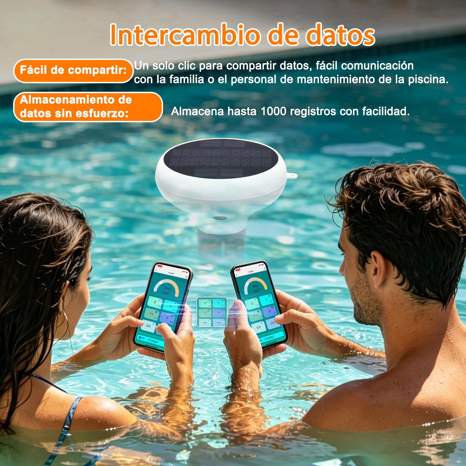 Medidor Cloro, pH y Salinidad Piscinas, 7 en 1 pH FAC Sal ORP EC TDS y Temp, Flotante Medidor de Cloro con Aplicación, Carga Solar Medidor Inteligente de pH para Piscinas, Acuarios, Spa