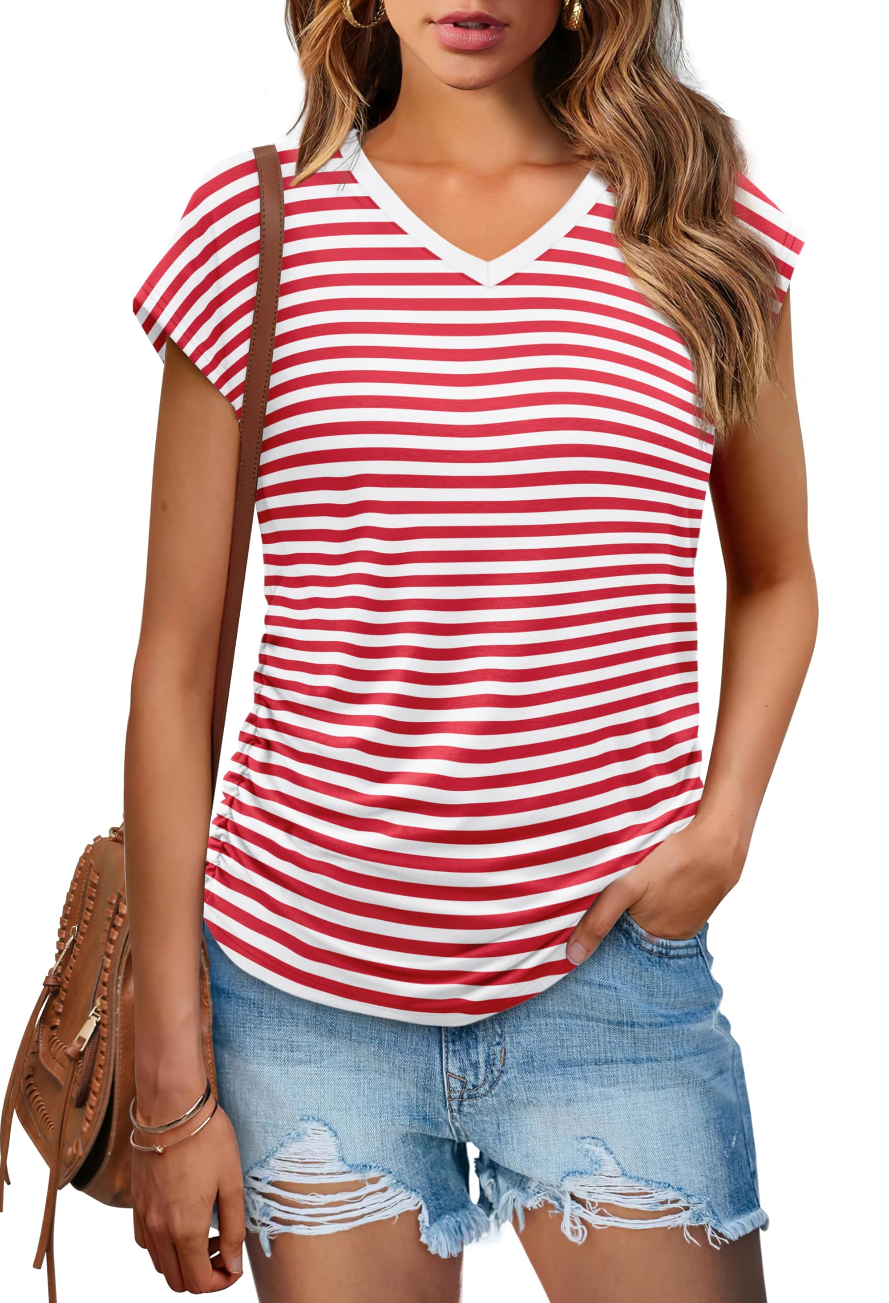 WIHOLL Womens Summer Tops Dressy Casual Cap Sleeve T Shirts for Women V Neck Ruched Tops Basic Tank Fashion Trendy