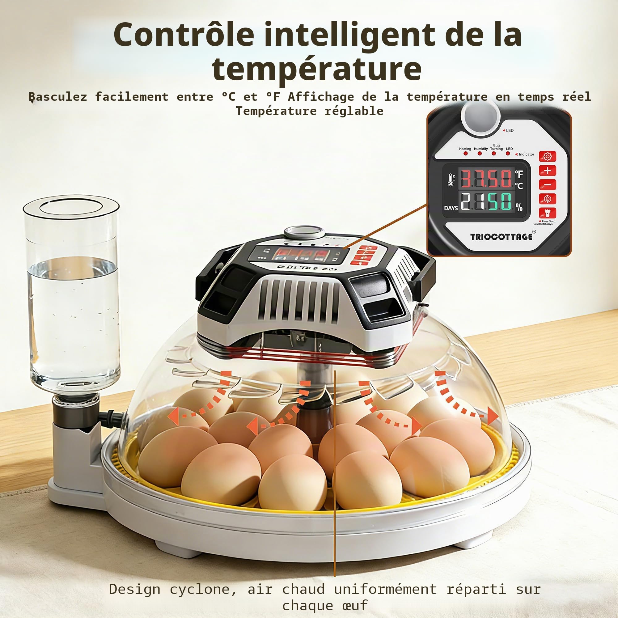 Couveuse Oeuf Automatique 18 Œufs Incubateur oeuf Brumisation auto remplissage Contrôle auto humidité température uniforme Retournement Œufs Auto poule canard oie caille