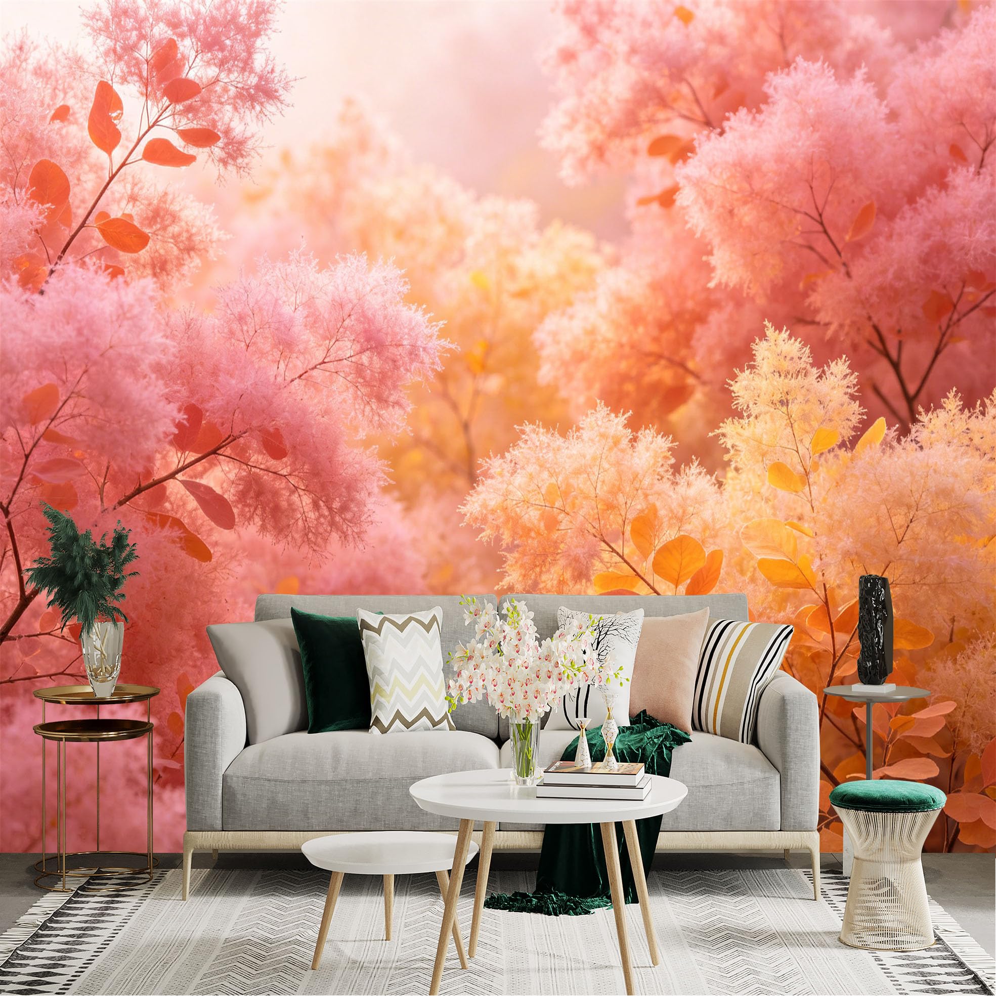 Lnzczhyre Dbh260521366 Custom Size Wall Sticker Mural， Dreamy Soft Pink Smoke Tree Branches， Golden Sunset Glow， Aesthetic Botanical Background， For Wall Decoration， Peelandstick Wall Decals.