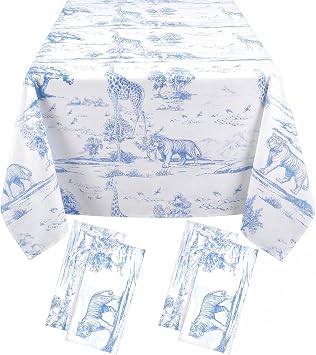 Moukeren 4 Pcs Blue Toile De Jouy Safari Baby Shower Decorations Vintage Blue Chinoiserie Jungle Animal Disposable Tablecloths 54 x 108 Inch French Toile Jungle Party Decor for Birthday Wedding