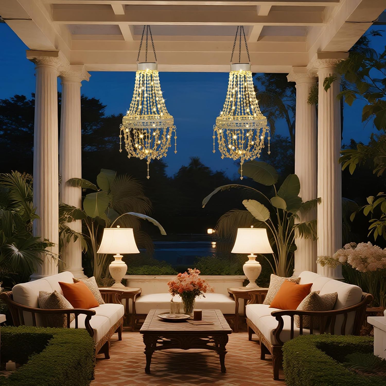 Hanging Solar Lantern Outdoor Chandelier, Waterproof Modern Crystal Acrylic Pendant Light with Warm White LED S Hook Gifts for Women Garden Decor Light for Gazebo, Patio, Yard, Party, Wedding