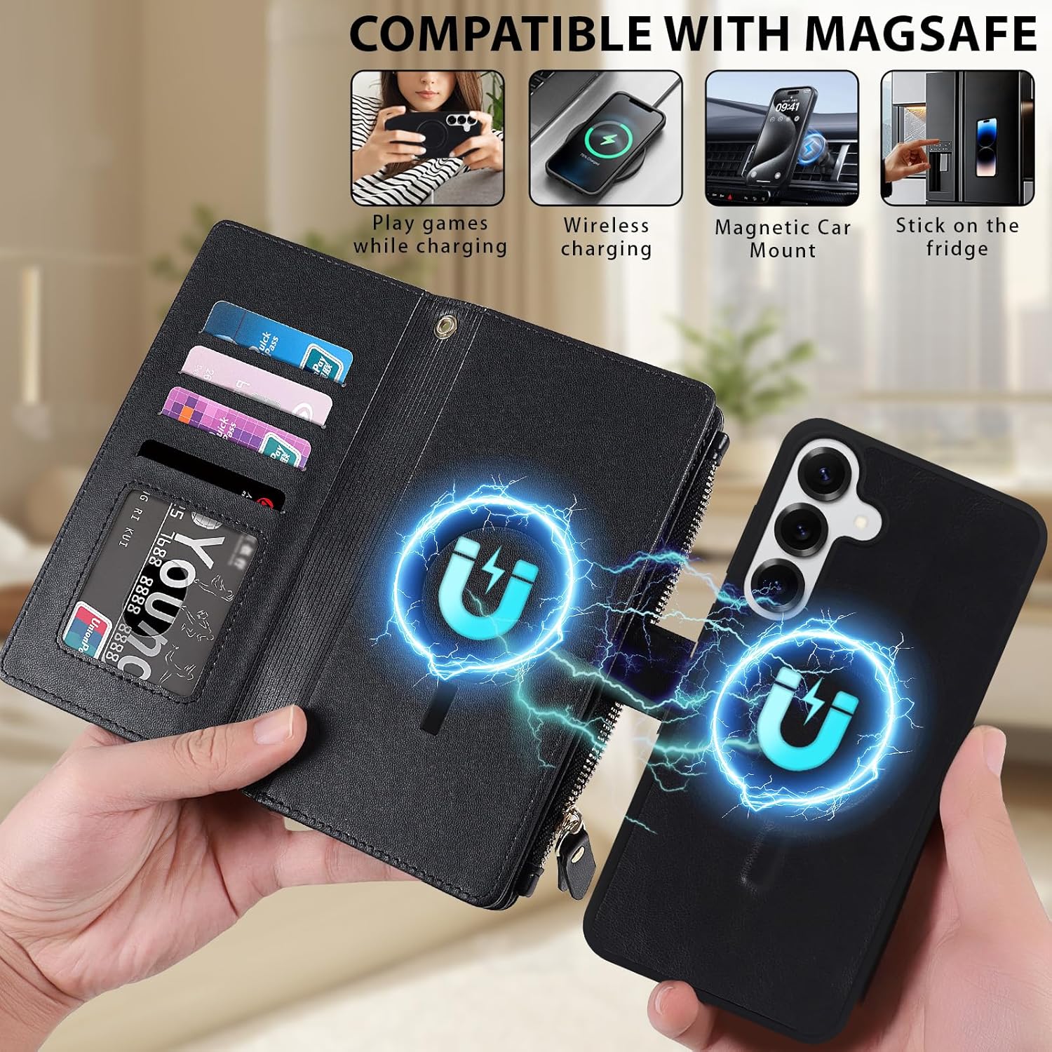 Lacass for Samsung Galaxy S25+ Plus Case Wallet,Compatible with MagSafe 2 in 1 Magnetic Detachable PU Leather RFID Blocking Wallet Cover Card Holder Zipper Wrist Strap Lanyard,Quilted Black - Image 2