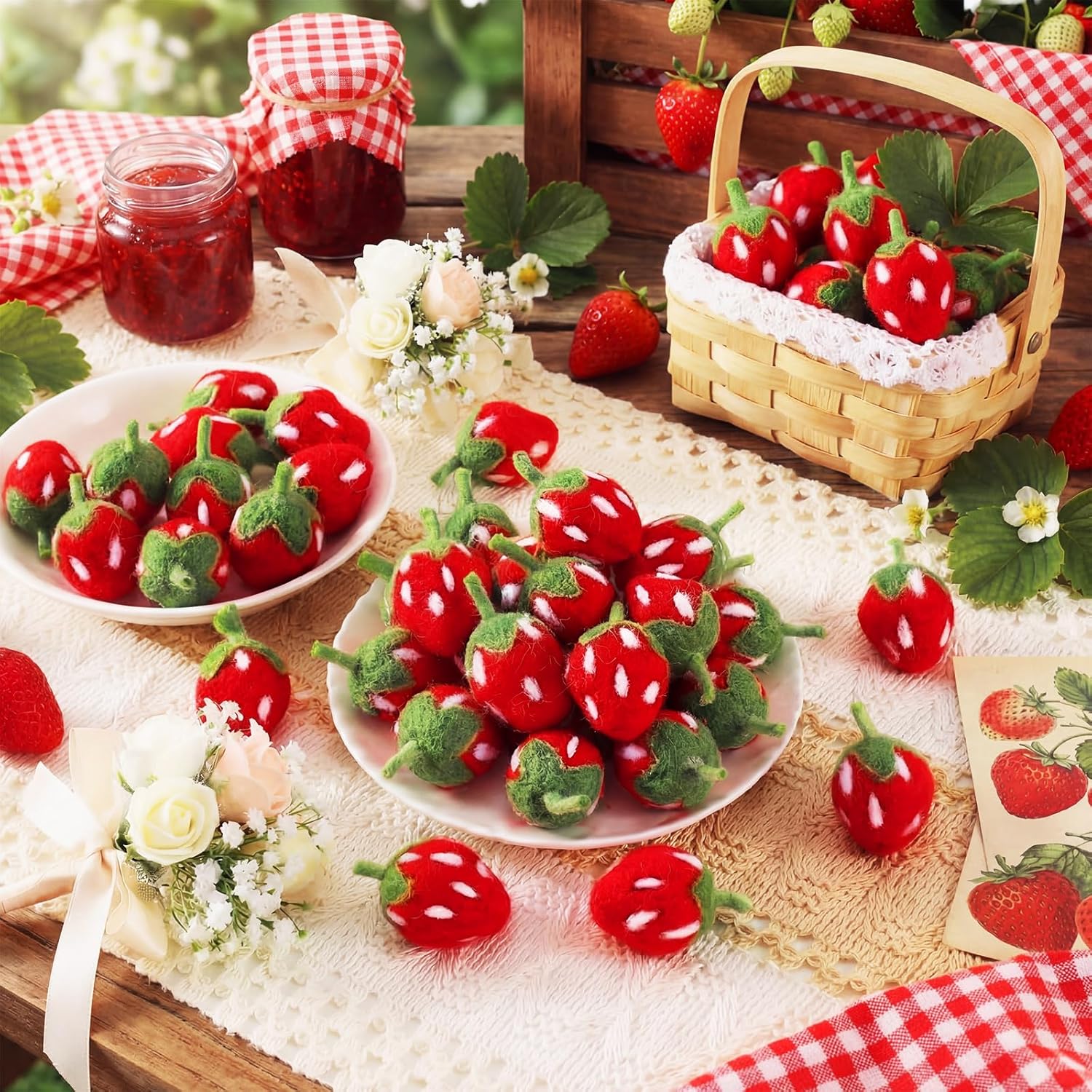 Moukeren 36 Pcs Fake Strawberries Felt Strawberry Decor Artificial Felt Fruit Strawberries Centerpieces Bowl Filler Baby Shower Decorations for Tables Home Kitchen Decor Spring Photography Prop