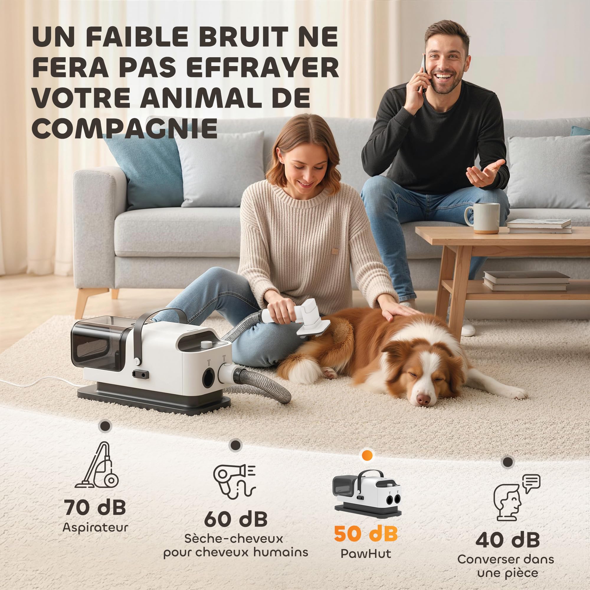 PawHut Aspirateur Poil de Chien et Séchoir 5-en-1, Kit Toilettage Chien Professionnel 12kPa - Tondeuse Chien Silencieuse 50dB avec Température Réglable et Réservoir 1,8L pour Animaux, Blanc