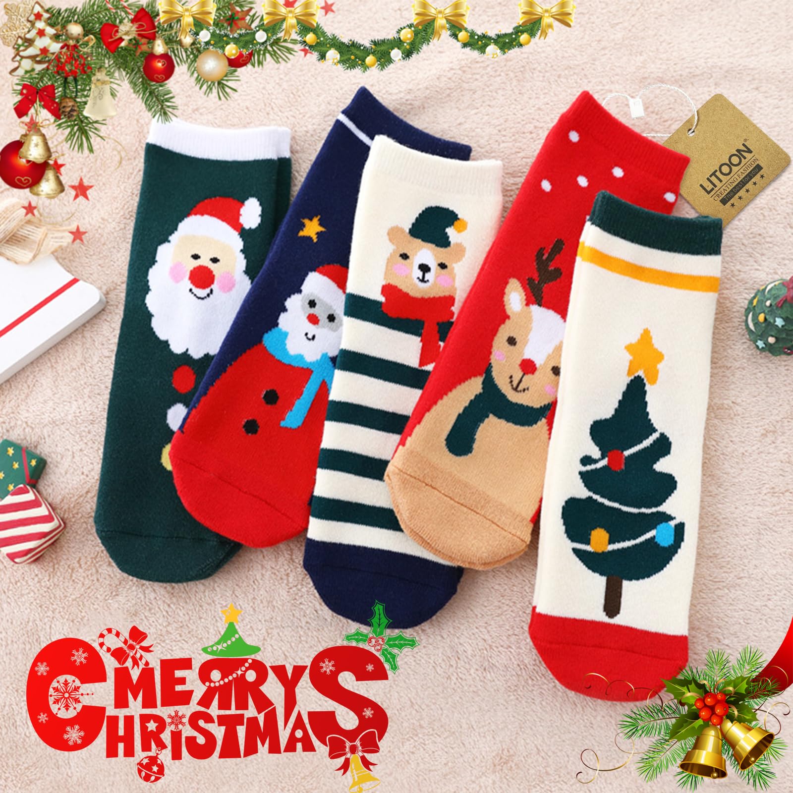 LITOON Christmas Socks Children Socks Kid Socks Cotton Hosiery Cute Socks for Kids 5 Pairs (4-6 Years)