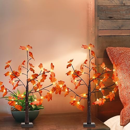 Miniatura 5 de 2 unidades de árbol de abedul iluminado con 24 luces LED, lámpara de árbol de Navidad de mesa, funciona con pilas con temporizador para interiores,