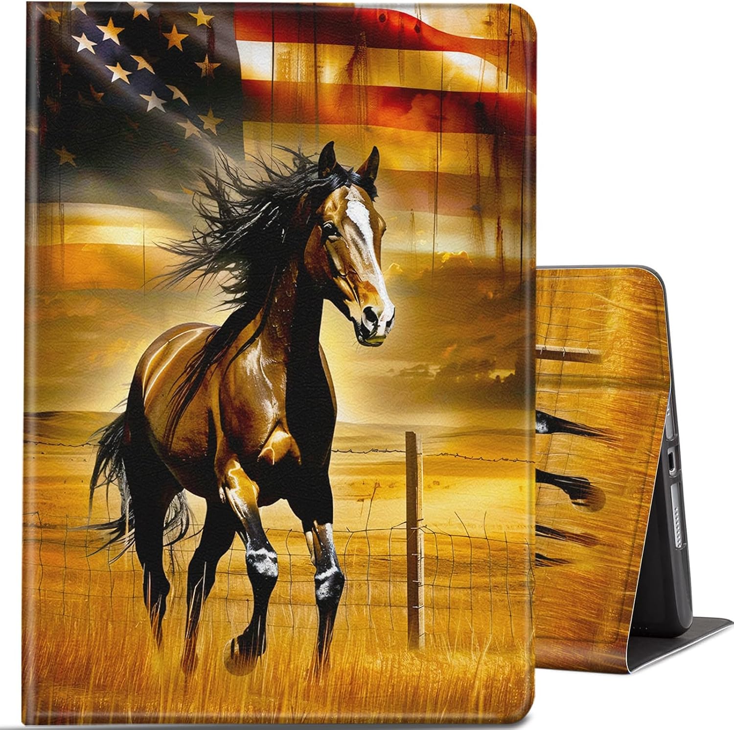 Case for ipad 10th Generation 10.9 Inch Tablet (2022 Release) Adopt Premium Durable PU Leather Adjustable Stand Cover,with Auto Wake/Sleep,American Flag Horse