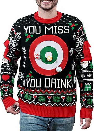 You Miss You Drink Juego de Dardos con 6 bolas pegadas, suéter feo de Navidad divertido a juego para hombres y mujeres