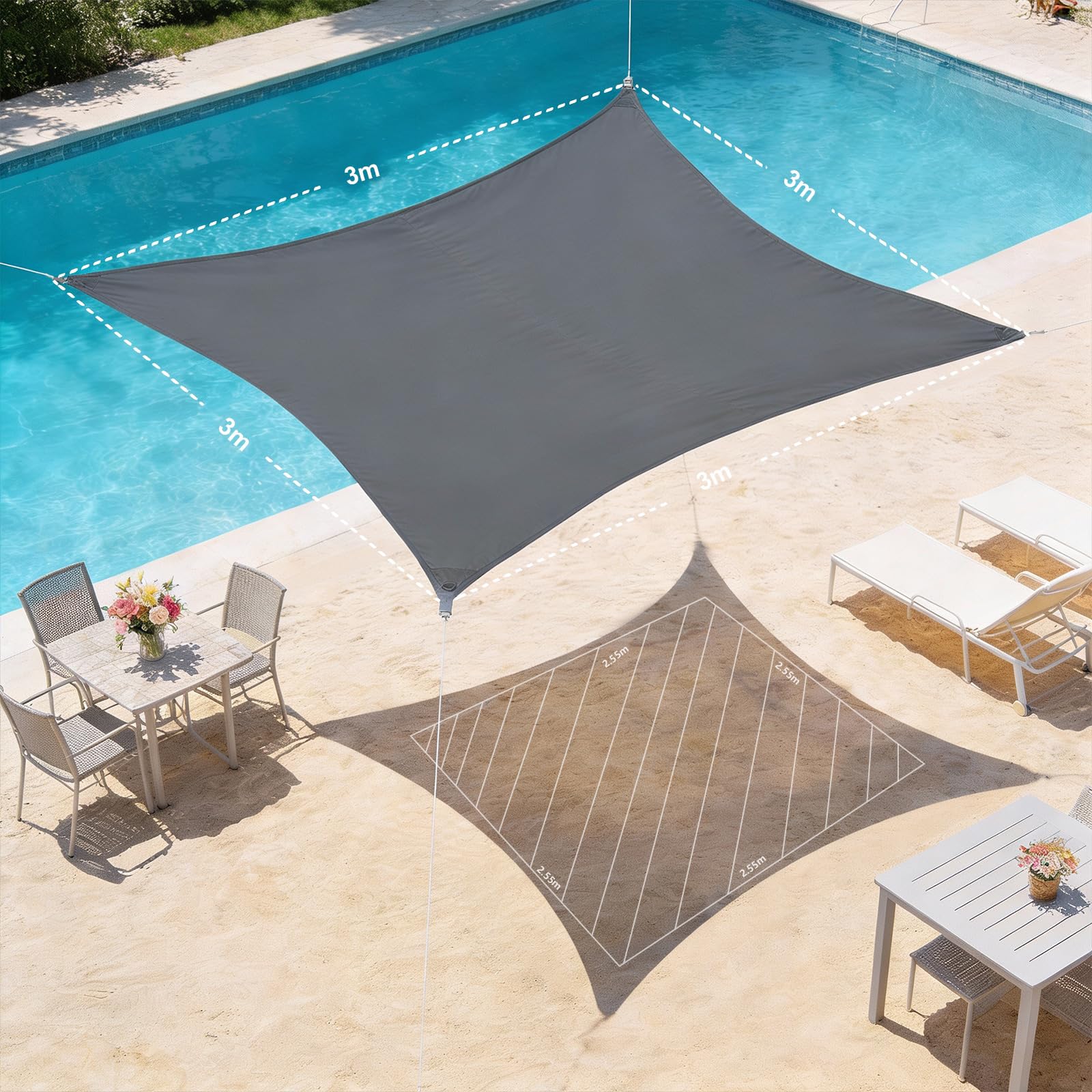 HAIKUS Voile d'ombrage Imperméable Carré 3x3m, Toile Ombrage PES Résistant à l'Eau, Filet dombrage 3m Résistant 98% Protection Rayons UV pour Patio Jardin Terrasse Camping Extérieur, Gris Graphite 3x3