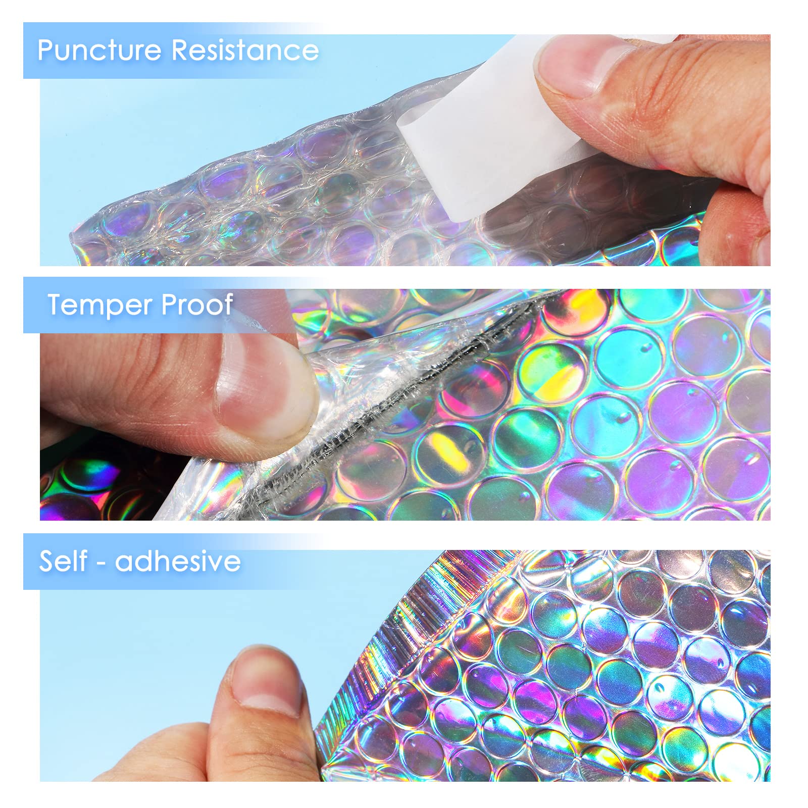Paquete de 100 sobres metálicos de burbujas de 3 tamaños, holográficos, acolchados, con burbujas, arcoíris, de polietileno, sobres acolchados de aluminio, con cierre adhesivo, bolsas de envío para