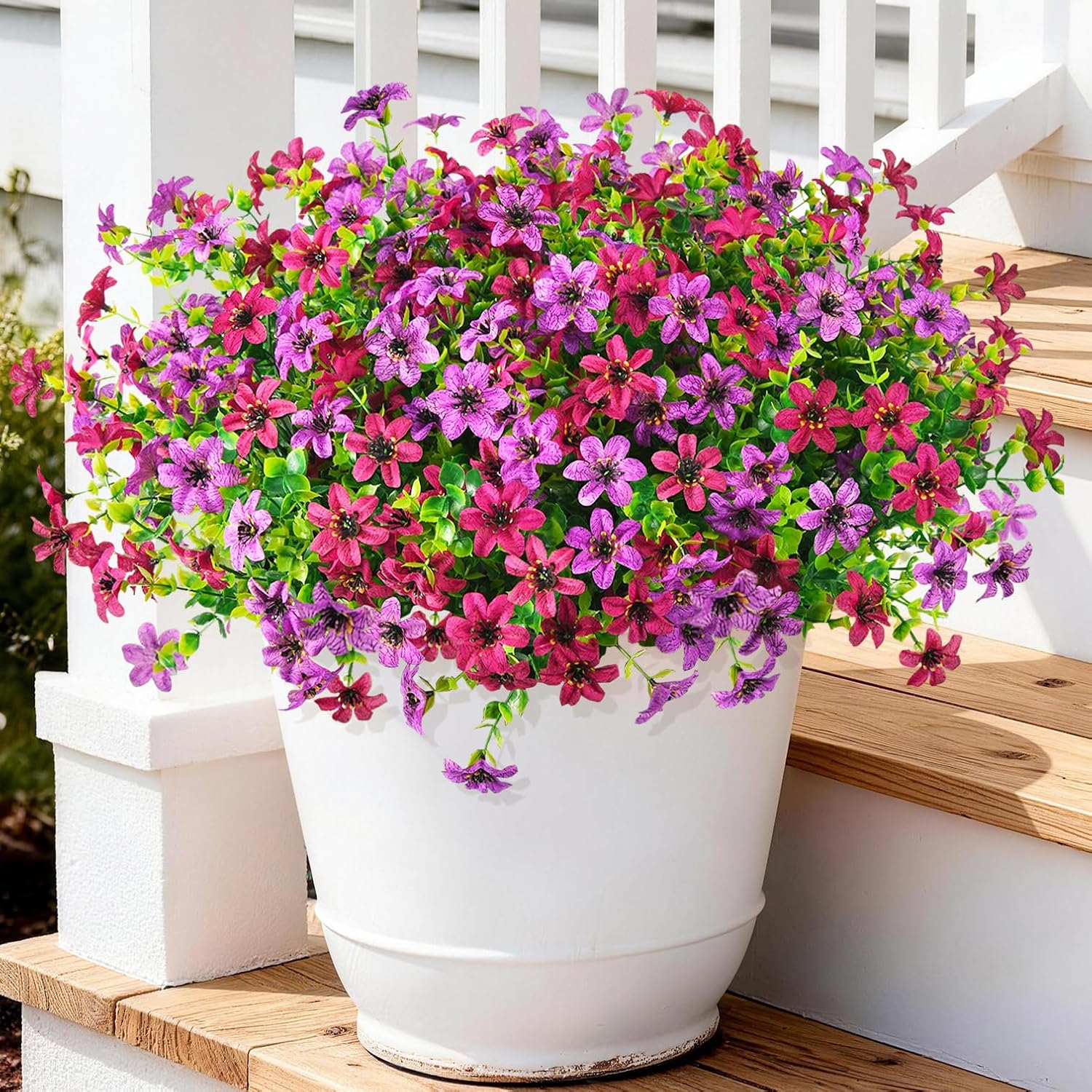 Artificial Fake Outdoor Plants Flowers for Spring Decoration, 12 Bundles UV Resistant Faux Daisy Silk Flower with Eucalyptus Stem for Outside Planters Porch Patio Yard Garden (Light Purple Fuchsia)