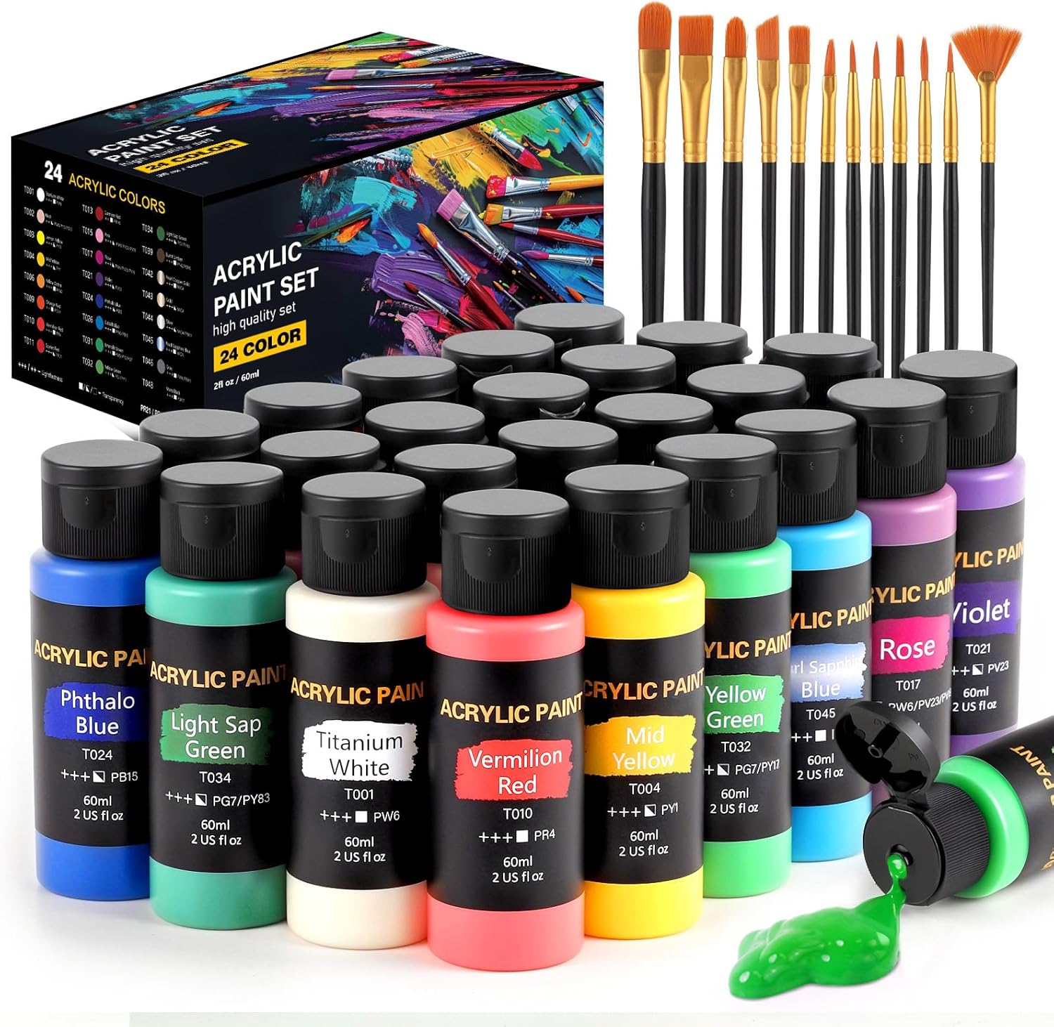 Acrylic Paint Set, 24 Colors (2 oz/Bottle) with 12 Art Brushes, Art Supplies for Painting Canvas, Wood, Ceramic & Fabric, Rich Pigments Lasting Quality for Beginners, Students & Professional Artist 24 Colors Acrylic Paint 2 fl oz/60 ml