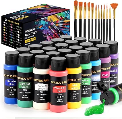 Acrylic Paint Set, 24 Colors (2 oz/Bottle) with 12 Art Brushes, Art Supplies for Painting Canvas, Wood, Ceramic & Fabric, Rich Pigments Lasting Quality for Beginners, Students & Professional A...