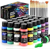 Conjunto de tinta acrílica, 24 cores (56,7 g/frasco) com 12 pincéis de arte, materiais de arte para pintura de tela, madeira, cerâmica e tecido, pigmentos ricos de qualidade duradoura para iniciantes