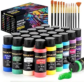Conjunto de tinta acrílica, 24 cores (56,7 g/frasco) com 12 pincéis de arte, materiais de arte para pintura de tela, madeira, cerâmica e tecido, pigmentos ricos de qualidade duradoura para iniciantes