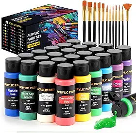 Conjunto de tinta acrílica, 24 cores (56,7 g/frasco) com 12 pincéis de arte, materiais de arte para pintura de tela, madeira, cerâmica e tecido, pigmentos ricos de qualidade duradoura para iniciantes