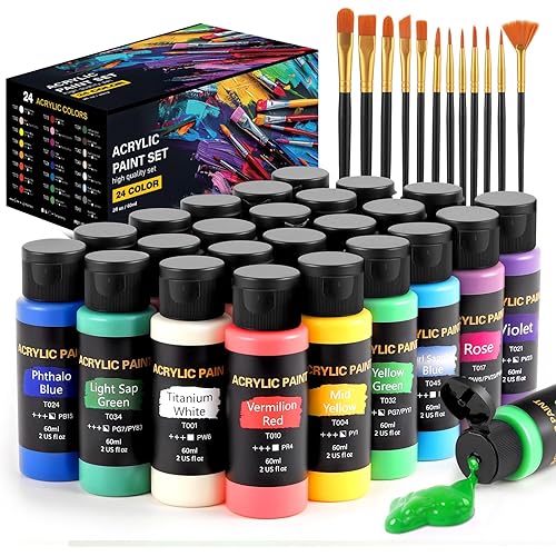 Acrylic Paint Set, 24 Colors (2 oz/Bottle) with 12 Art Brushes, Art Supplies for Painting Canvas, Wood, Ceramic & Fabric, Rich Pigments Lasting Quality for Beginners, Students & Professional Artist