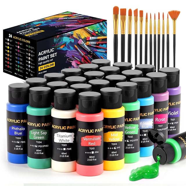 TMOL Acrylic Paint Set 24 Colors 2 oz Bottle with 12 Art Brushes Art Supplies for Painting Canvas