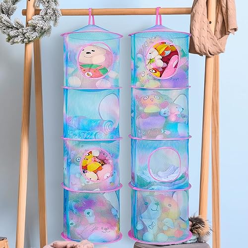 Stuffed Animals Hammock 2 Pcs Toy Storage Unicorn Castle Foldable Toy Organizers 4 Compartments Stuffed Animals Net Hanging Mesh For Kids Room Nursery