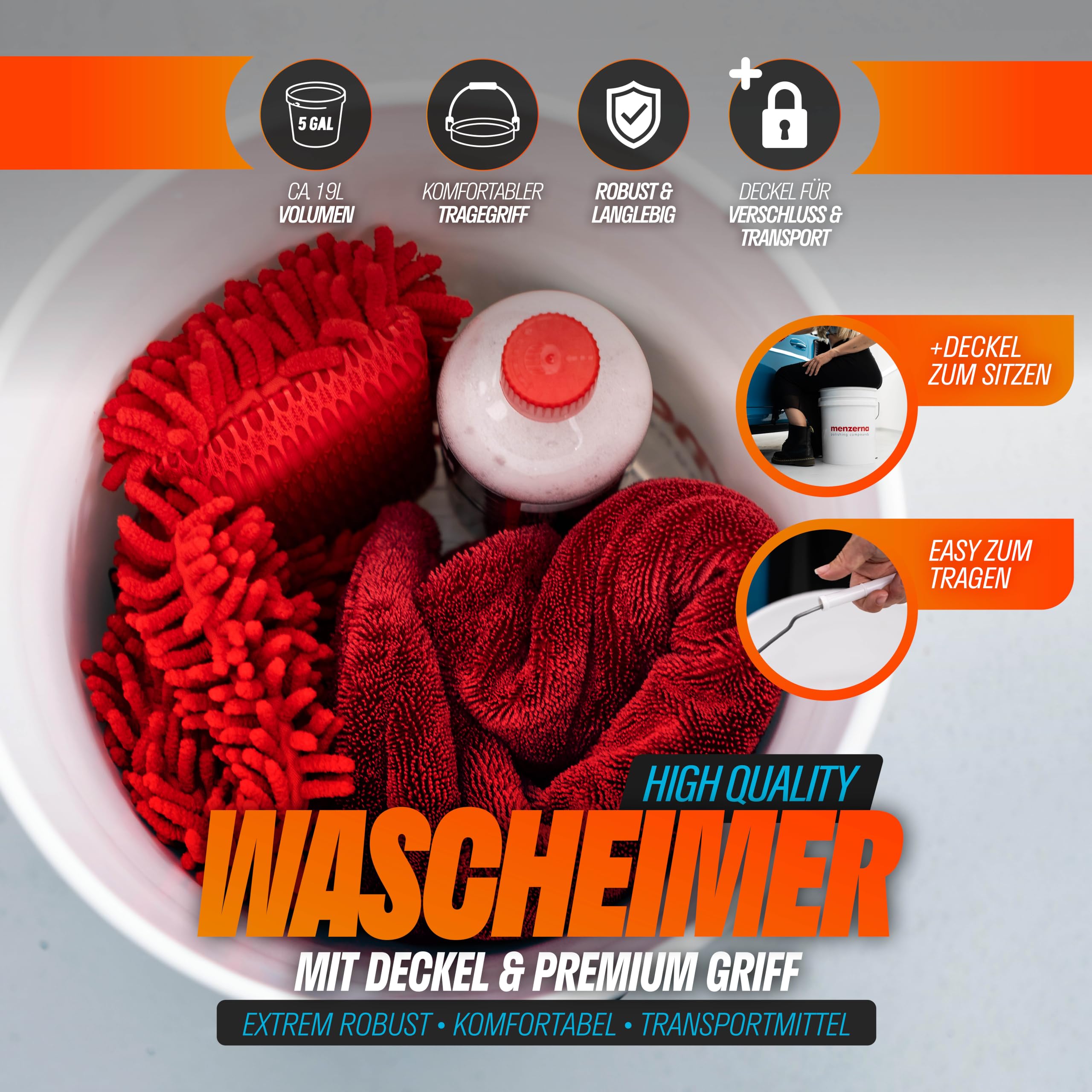 Auto Reinigungsset Außen | Menzerna Autoshampoo 1l + Wascheimer + Deckel + Schmutzsieb + Waschhandschuh + Trockentuch + Insektenschwamm | Autowasch Set