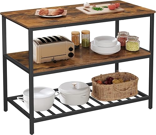VASAGLE UKKI01BX - Isla de cocina con 3 estantes, estante de cocina de 47.2 pulgadas de ancho con gran encimera, estructura de acero estable, diseño