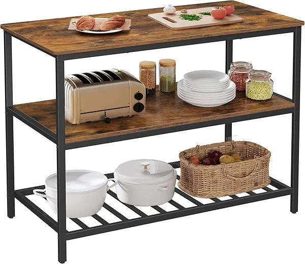 VASAGLE Kitchen Island with 3 Shelves, 47.2 Inches Width Kitchen Shelf with Large Worktop, Stable Steel Structure, Industrial, Easy to Assemble, Rustic Brown and Black UKKI01BX 47.2"W x 35.4