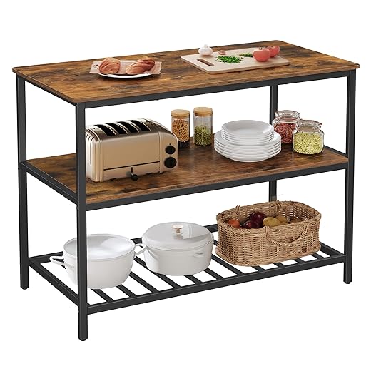 VASAGLE Kitchen Island with 3 Shelves, 47.2 Inches Width Kitchen Shelf with Large Worktop, Stable Steel Structure, Industrial, Easy to Assemble, Rustic Brown and Black UKKI01BX