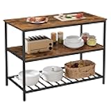 VASAGLE Kitchen Island with 3 Shelves, 47.2 Inches Width Kitchen Shelf with Large Worktop, Stable Steel Structure, Industrial, Easy to Assemble, Rustic Brown and Black UKKI01BX